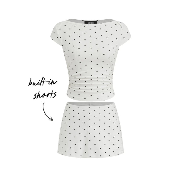 Soleil Polka Set — Polka Dot Ruched Top & Mini Skort
