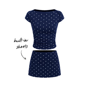 Soleil Polka Set — Polka Dot Ruched Top & Mini Skort