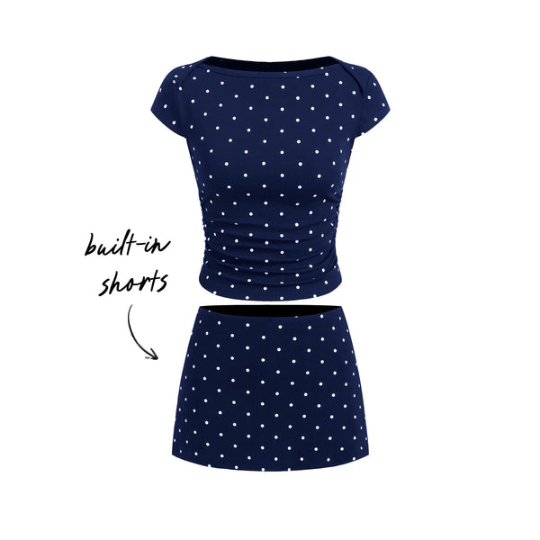 Soleil Polka Set — Polka Dot Ruched Top & Mini Skort