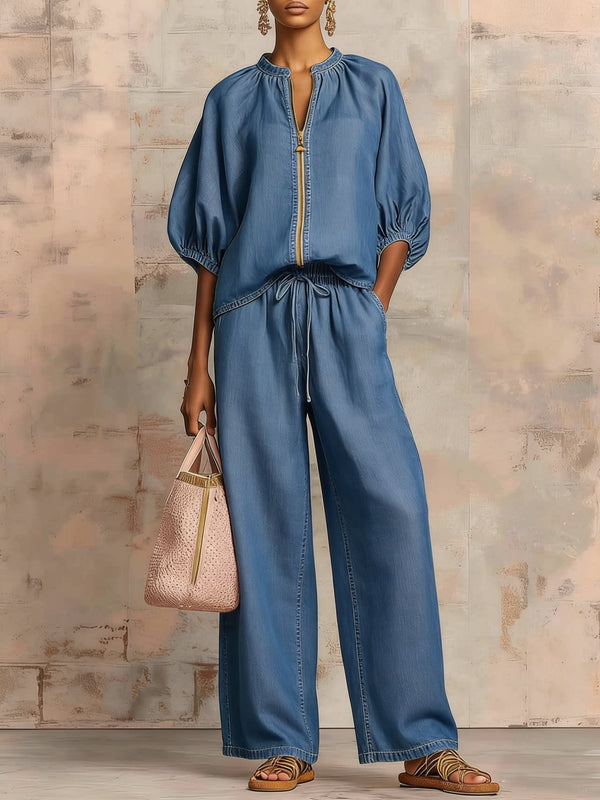Women's casual loose solid color zipper round neck wide-leg pants 2026