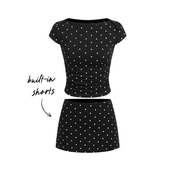 Soleil Polka Set — Polka Dot Ruched Top & Mini Skort