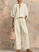 Women's casual loose solid color zipper round neck wide-leg pants 2026