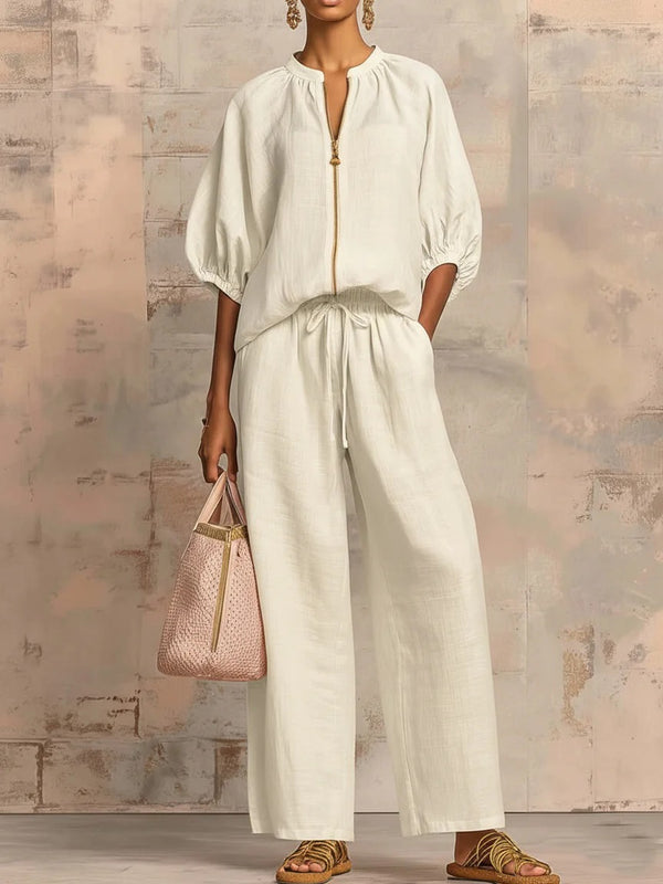 Women's casual loose solid color zipper round neck wide-leg pants 2026