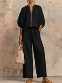 Women's casual loose solid color zipper round neck wide-leg pants 2026