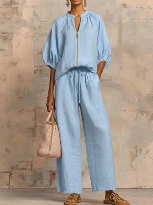 Women's casual loose solid color zipper round neck wide-leg pants 2026