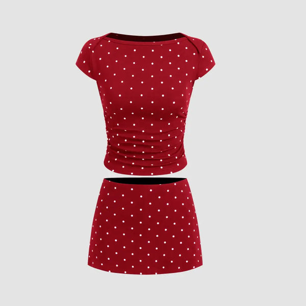 Soleil Polka Set — Polka Dot Ruched Top & Mini Skort