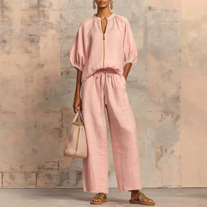 Women's casual loose solid color zipper round neck wide-leg pants 2026