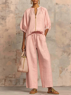 Women's casual loose solid color zipper round neck wide-leg pants 2026