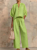 Women's casual loose solid color zipper round neck wide-leg pants 2026
