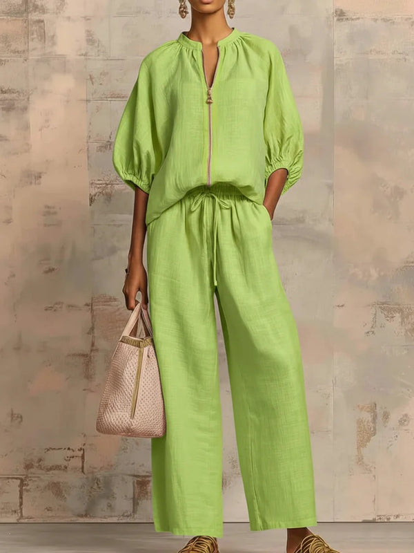 Women's casual loose solid color zipper round neck wide-leg pants 2026