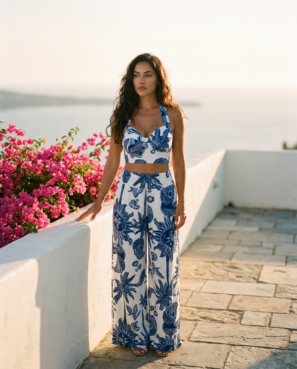Woman wearing the Selene Halter Two-Piece on a sunlit Mediterranean terrace at golden hour